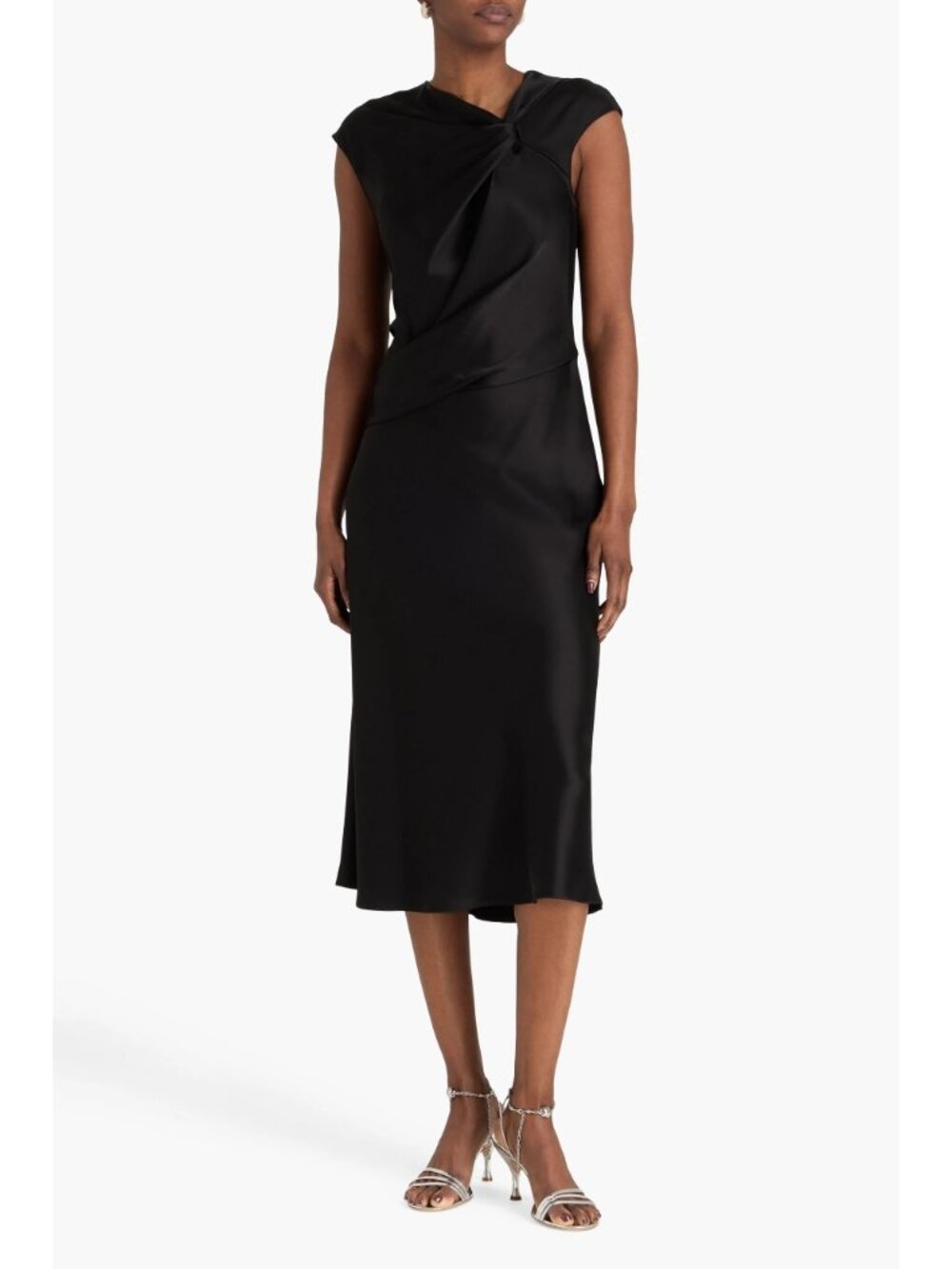Theory Twist Bodice Black Satin Midi Dress Size 4 EUC MSRP $500